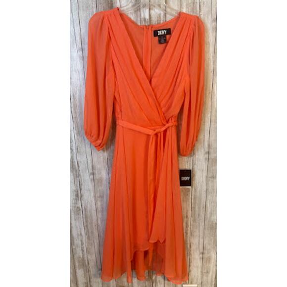DKNY Coral Chiffon 3/4 Sleeve Tie-Waist High-Low Midi Dress Size 6 NWT - Picture 1 of 6